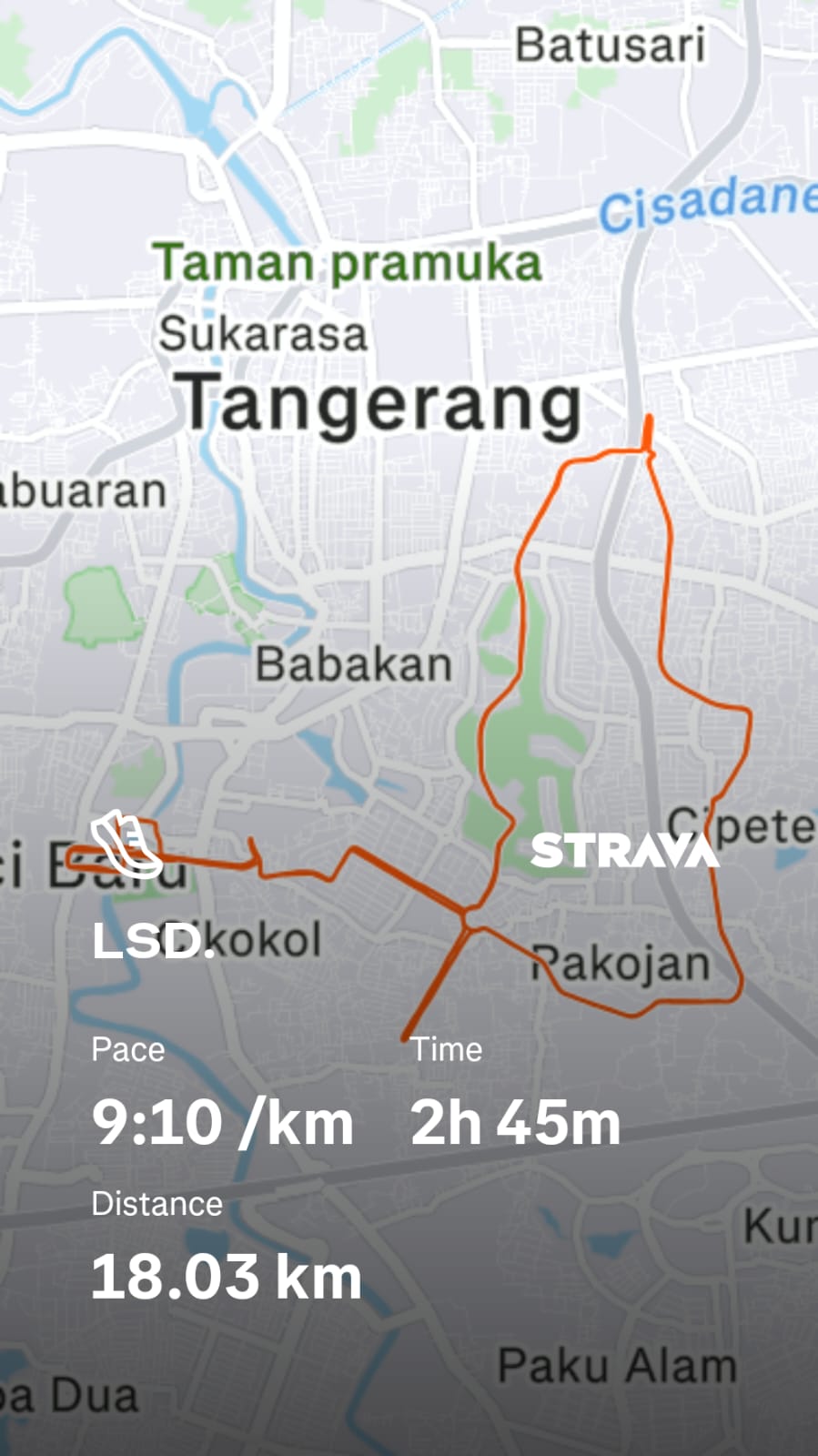 Strava long slow distance activity in Tangerang: 18.03 km, 2h 45m, 9:10 per kilometer pace