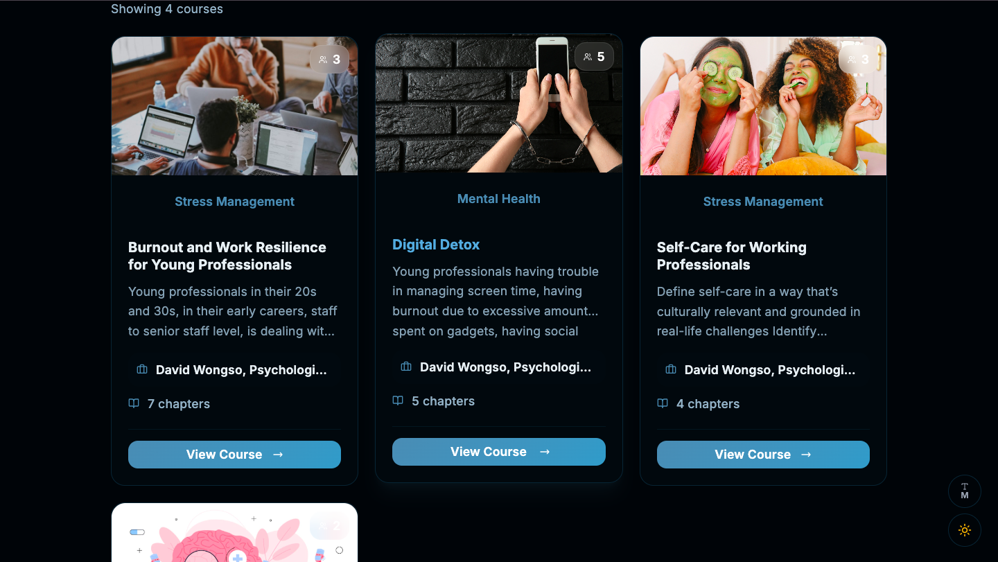 Workplace wellness LMS course catalog with wellness course cards, search, and category filters
